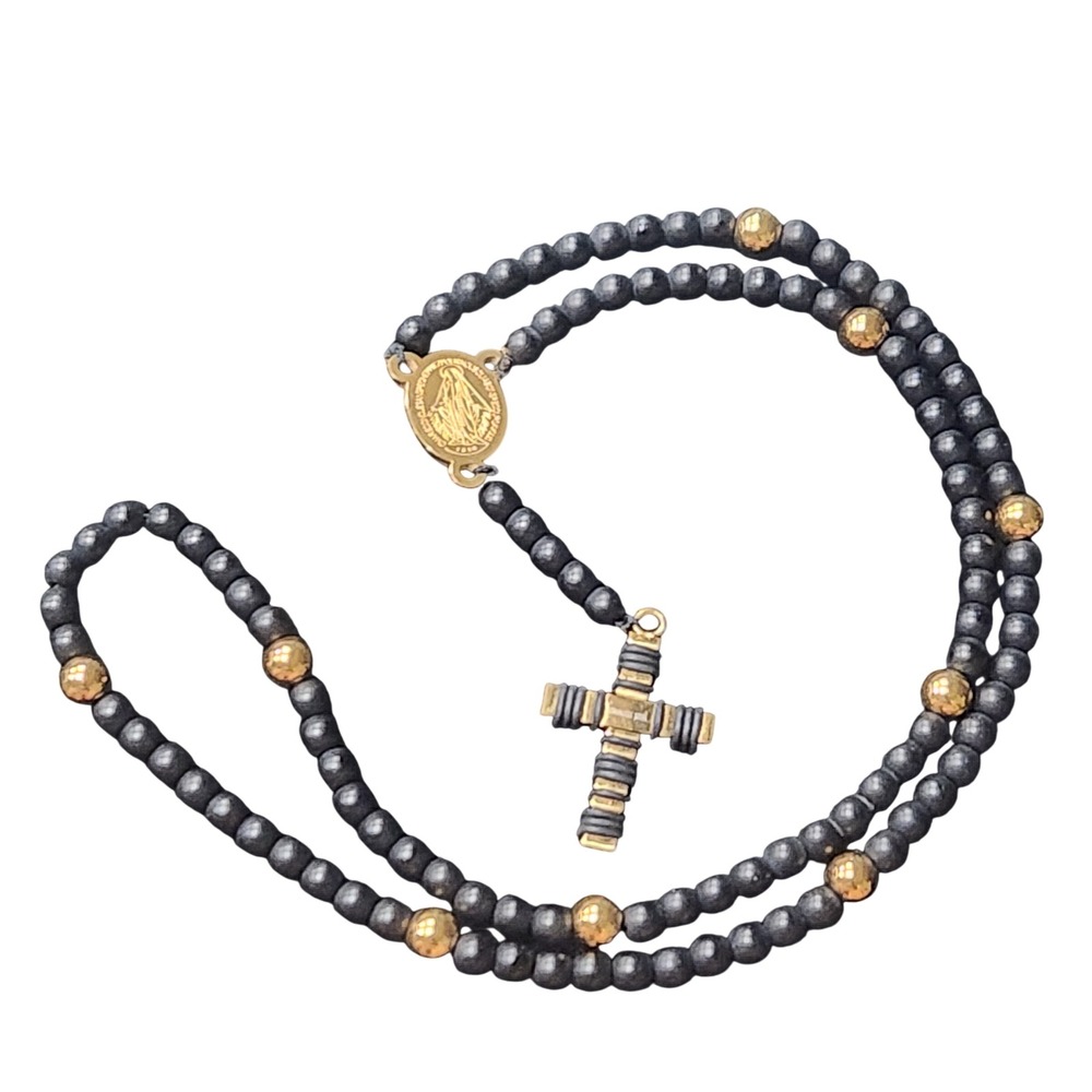 Rosary Beads Gold Black Miraculous Medal Cross Necklace stainless steel men